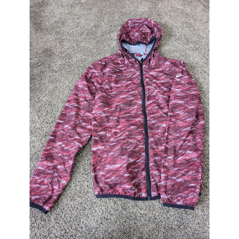 Asics Medium Maroon Pink Abstract Camo Full Zip Hooded Running Windbreaker